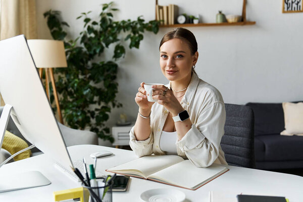 Молодая женщина в повседневной одежде улыбается, потягивая напиток, работая в своем домашнем офисе..