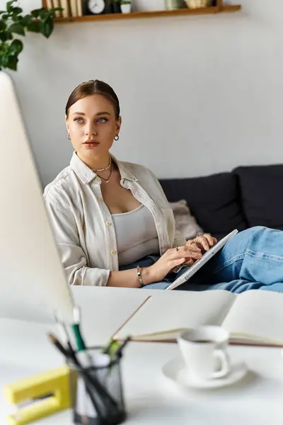 stock image A young woman casually types on her keyboard, comfortably lounging at home in a well-lit setup.