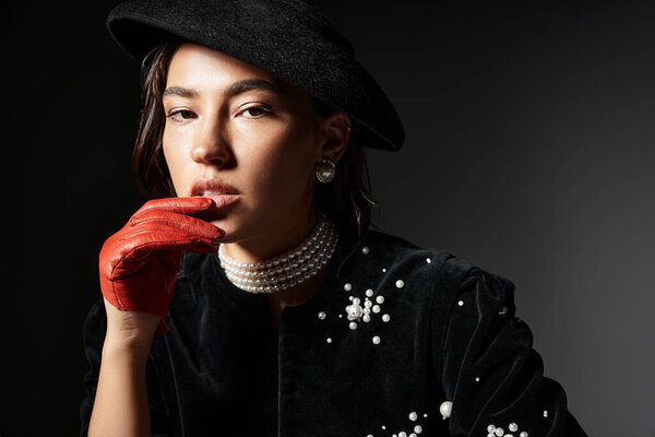 A refined young woman showcases elegance through her attire and striking accessories in a studio.
