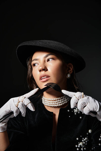 The sophisticated woman wears a stylish hat and gloves, exuding elegance and grace.