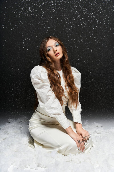 Молодая женщина очаровывает своей элегантной одеждой, обнимая волшебную снежную среду.