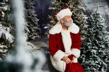 Neşeli bir Noel Baba, karla kaplı ağaçlarla çevrili sakin kış manzarasının tadını çıkarır..