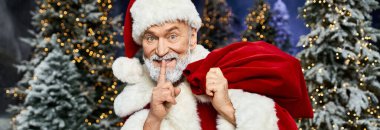 Noel Baba neşeli bir şekilde ışıldar etrafı karla kaplı ağaçlarla çevriliyken.