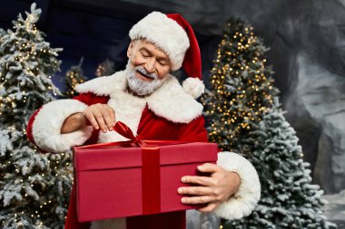 Noel Baba 'nın ışıldayan ağaçların arasına güzel bir şekilde bağlanmış bir hediyeyi açmasıyla şenlikli bir sahne başlıyor..