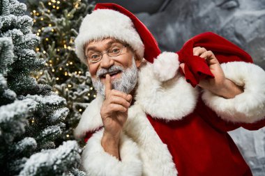 Neşeli bir Noel Baba, ışıl ışıl bir gülümsemeyle karlı çam ağaçlarının arasında bir sır fısıldıyor.