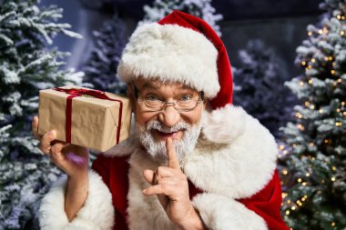 Neşeli bir Noel Baba hediye paketiyle kış ağaçlarının arasına bayram neşesi getirir..