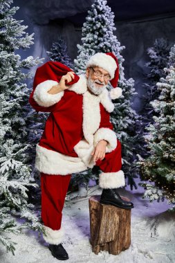 Noel Baba gibi giyinmiş neşeli bir figür, karlı ağaçlarla çevrili bir kütüğün üzerinde duruyor..