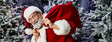 Noel Baba kışın harikalar diyarında hediyelerle dolu büyük bir çanta taşırken sıcak bir şekilde gülümser..