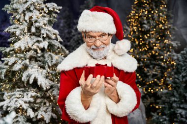 Neşeli bir Noel Baba, büyüleyici karlı ağaçların arasında güzel bir hediye sunar..