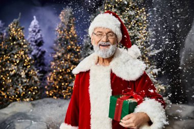 Noel Baba kostümü giymiş neşeli bir adam, kar ve ağaçların arasında hediyesini tutarken gülümsüyor..