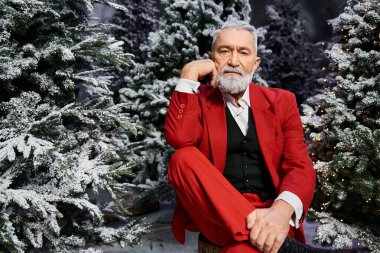 Kırmızı giyinmiş şık yaşlı bir adam düşünceli bir şekilde süslü Noel ağaçlarının arasında oturur..