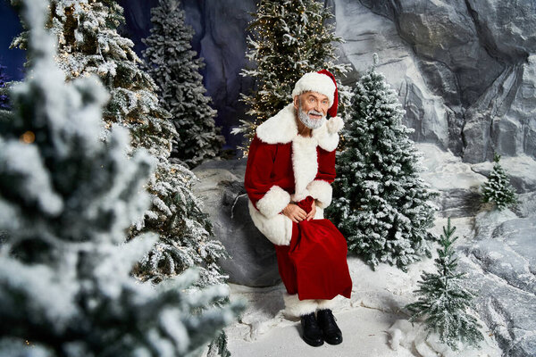Санта-Клаус наслаждается мирным моментом в окружении снежных вечнозеленых деревьев и зимней красоты.