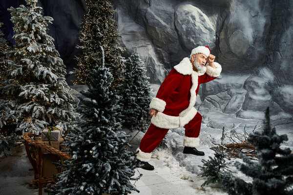 Санта путешествует по заснеженному ландшафту, окруженному вечнозелеными деревьями и скальными формациями.