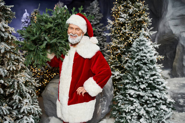 Веселая фигура в традиционном красном костюме держит зелень, окруженная сверкающими снежными деревьями.