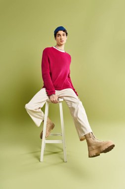 Genç bir adam, dingin, pembe bir süveter içinde, sakin, yeşil bir arka planda poz veriyor..