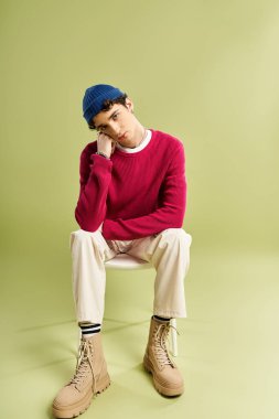 Yakışıklı genç bir adam düşünceli bir şekilde pembe bir süveter giyer ve yeşil bir alana güvenir..