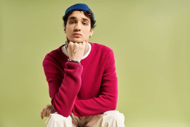 Yakışıklı genç bir adam pembe bir kazak giyip bereyle gezerken düşünceli bir poz verir..