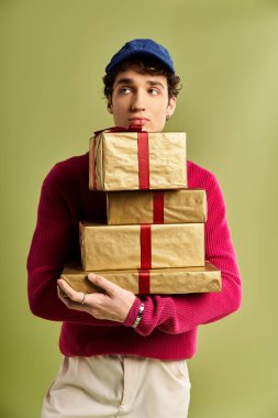 A stylish young man with curly hair joyfully carries beautifully wrapped Christmas gifts in a studio. clipart