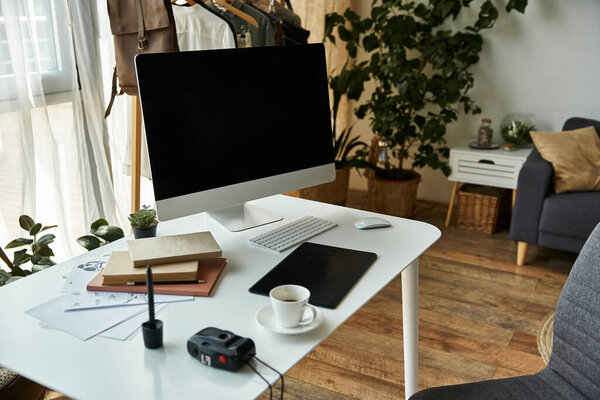 Modern computer on desk near coffee cup and notebooks.