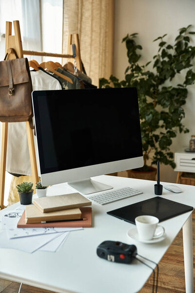 Modern computer and stationery on table with coffee cup in well lit room.