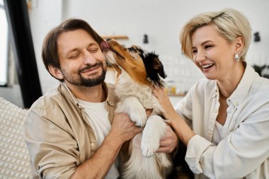 Mutlu bir çift gülüşü ve sevgiyi paylaşırken köpekleri neşeyle adamı yalıyor..