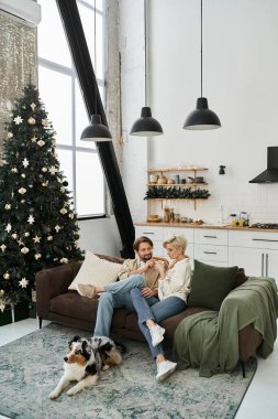 Bir çift, tatil süslemeleriyle çevrili şık evlerindeki kanepede tatlı anlar yaşıyor..