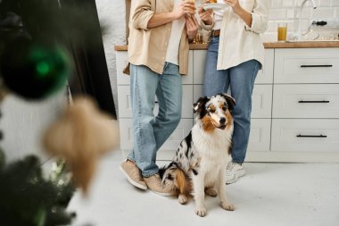 A couple enjoys snacks while their dog sits nearby, creating a heartwarming atmosphere at home. clipart