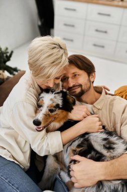 Bir çift kanepede birbirine sokulur, sıcak, davetkar bir evde oynaşan köpeklerini kucaklarlar..