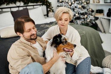Bir çift, şenlik sezonunda neşeli köpekleriyle birlikte evde kaliteli vakit geçirmekten zevk alır..