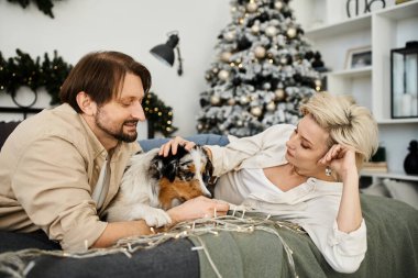 Bir çift, tatil için süslenmiş köpekleriyle kanepede sıcak bir anın tadını çıkarıyor..