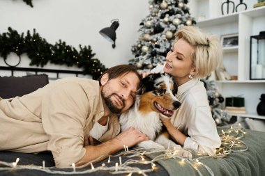 Bir çift, bayram süslemeleriyle çevriliyken köpekleriyle hassas bir anın tadını çıkarıyor..