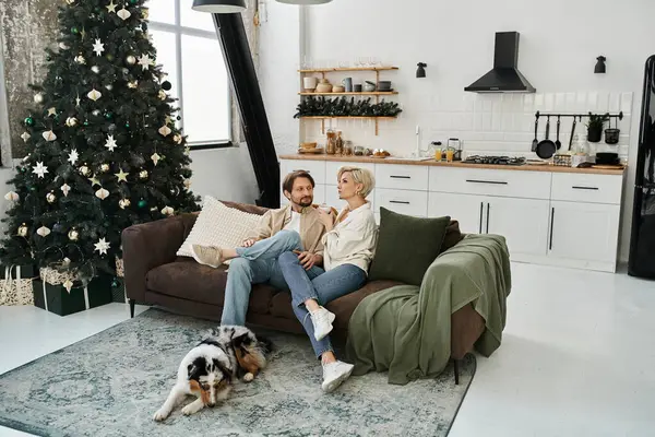 Tatil süsleri ve sıcaklıkla çevrili şık bir evdeki kanepede dinlenen bir çift..