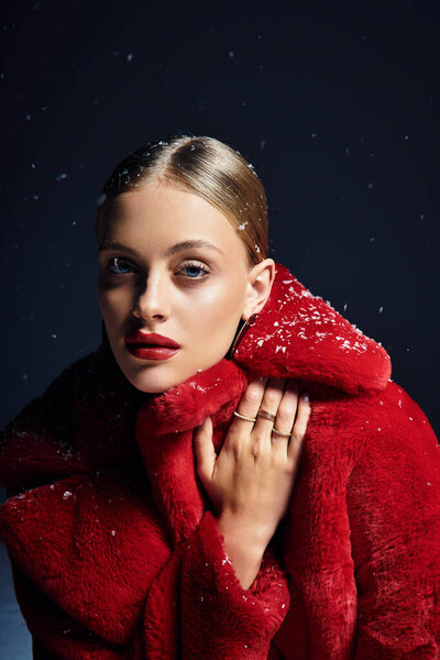 The young woman exudes elegance while surrounded by softly falling snowflakes.