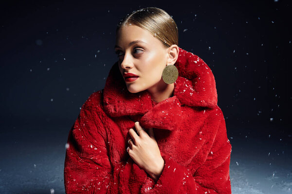 A stunning young woman models a vibrant red coat amidst falling snowflakes, exuding elegance.
