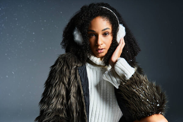 A stylish brunette woman showcases winter fashion with earmuffs and a cozy faux fur jacket in a studio.
