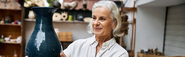 A skilled artisan smiles with pride while holding a stunning piece of pottery in her workshop.