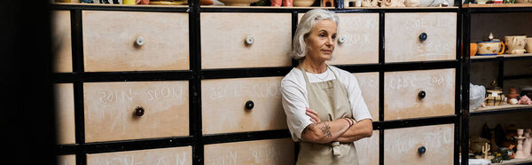 Опытная женщина задумчиво стоит в своей художественной студии, окруженная произведениями искусства.