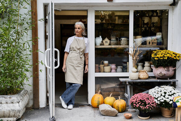 A stylish woman proudly stands by her pottery shop entrance, surrounded by fall colors.
