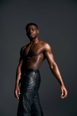 Genç, yakışıklı bir Afro-Amerikan erkeği kendinden emin bir şekilde gömleksiz poz verir. Onun tonlu fiziği koyu bir arka plana vurgulanmış, cesur ve büyüleyici bir varlık yaratıyor..