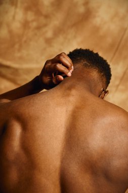 Genç ve yakışıklı bir Afro-Amerikalı üstsüz poz veriyor, sırtının dış hatlarını gösteriyor. Yumuşak ışıklandırma ortama sıcak bir dokunuş ekler ve büyüleyici bir görsel deneyim yaratır..