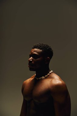 Genç, yakışıklı bir Afrikalı Amerikalı, kendine güvenen bir şekilde minimalist bir ortamda poz veriyor, eşsiz mücevherlerle süslenmiş. Aydınlatma onun fiziğini vurguluyor ve bir sanatçılık ve güç hissi uyandırıyor..