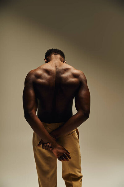 Позируя грациозно, молодой красивый афроамериканец демонстрирует свое тонированное тело при мягком освещении. Его спокойное поведение усиливает художественную атмосферу момента, захваченного в плен..
