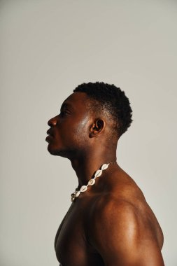 Büyüleyici bir profil bakış açısıyla genç, yakışıklı, Afro-Amerikan bir adam minimalist bir arkaplana karşı güvenini sergiliyor. Zarif özelliklerini vurgulayan çarpıcı bir kolye takıyor..