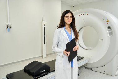 Çekici kadın doktor, elinde bir klasörle radyoloji biriminde güvenle duruyor..