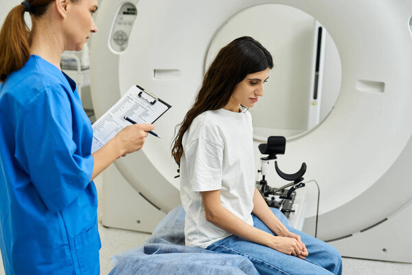 In a modern hospital, a doctor in a lab coat assists a patient preparing for an MRI scan.