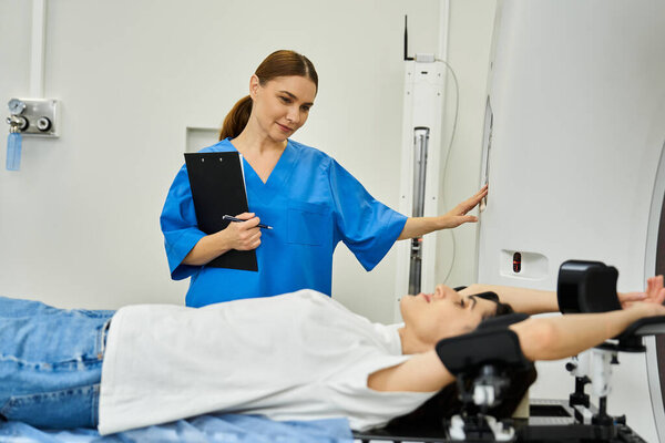 A devoted doctor in a lab coat comforts a patient in an MRI machine during diagnostics.