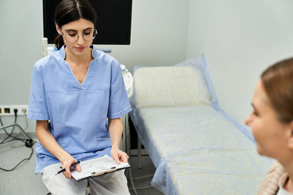 Gynecologist reviews patient details while consulting in a contemporary clinic environment.