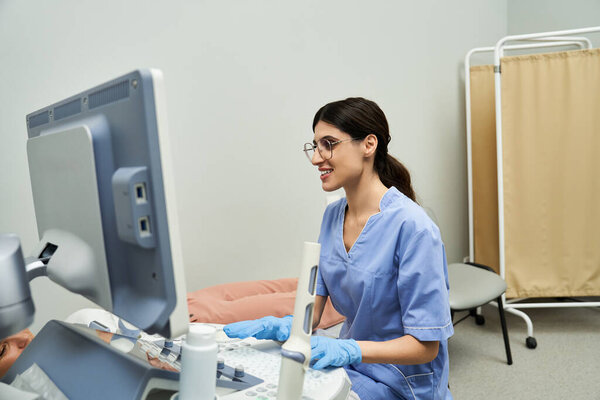 A gynecologist interacts with a patient, providing professional care and health diagnostics.
