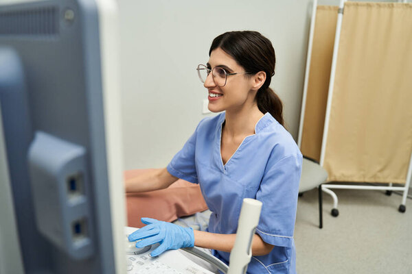 A skilled gynecologist engages with a patient during a checkup at a contemporary clinic.