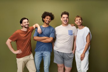 Four queer friends stand together, sharing smiles and showing support for pride and individuality. clipart